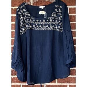 Mine Too Blue Semi-Sheer Blouse with Embroidery 3/4 Roll Tab Sleeves Sz 3X NWT